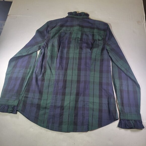 J.Crew Green & Navy Plaid Ruffle Collar Long Sleeve Button-Up Shirt Size  XS - Picture 8 of 8